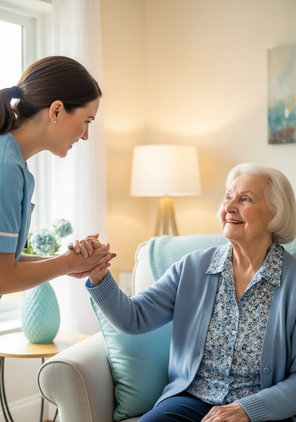 A Personal Support Worker assisting a smiling senior at home